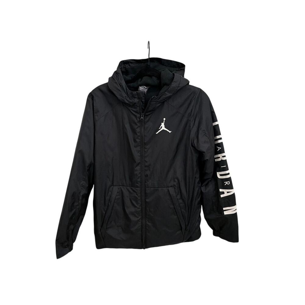 Air Jordan Black Hooded Fleece Lined Full Zip Up Windbreaker Jacket Large 14/16